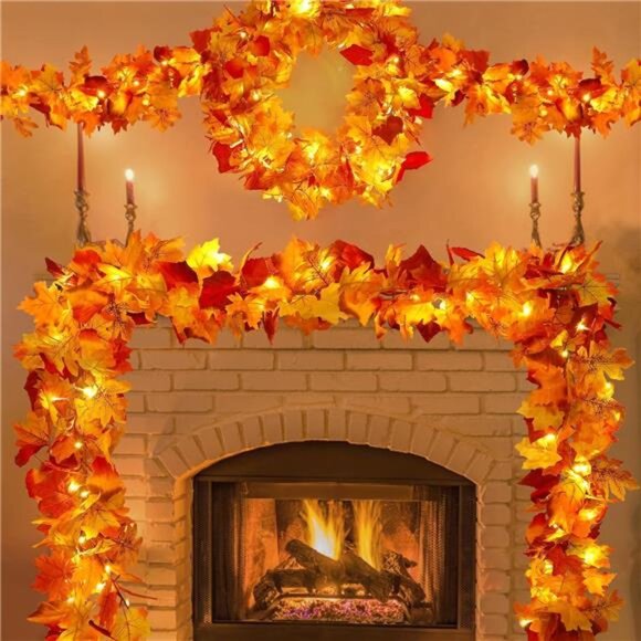 23.6Ft Fall Decor for Home Thanksgiving Decorations Lighted Fall Garland Maple - Picture 1 of 8